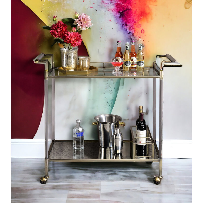 Antique Mirror & Brass Decorated Serving Cart - Rectangular Design, Tempered Glass Shelves, Wine Storage, Metal Frame With Acrylic, Wheels For Easy Movement, Simple Assembly Accented 5Mm Shelves