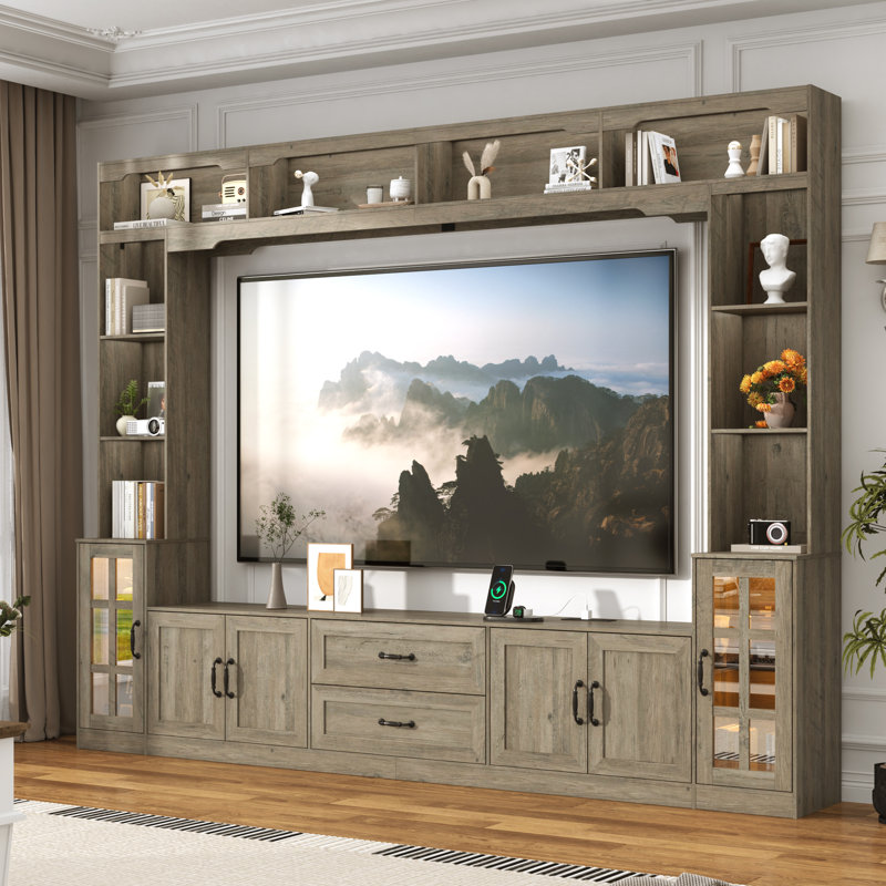 106" Wall Unit Tv Stand With Bookshelves – Large Entertainment Center For 70-80 Inch Tvs With Drawers, Open Shelves & Tempered Glass Doors For Living Room