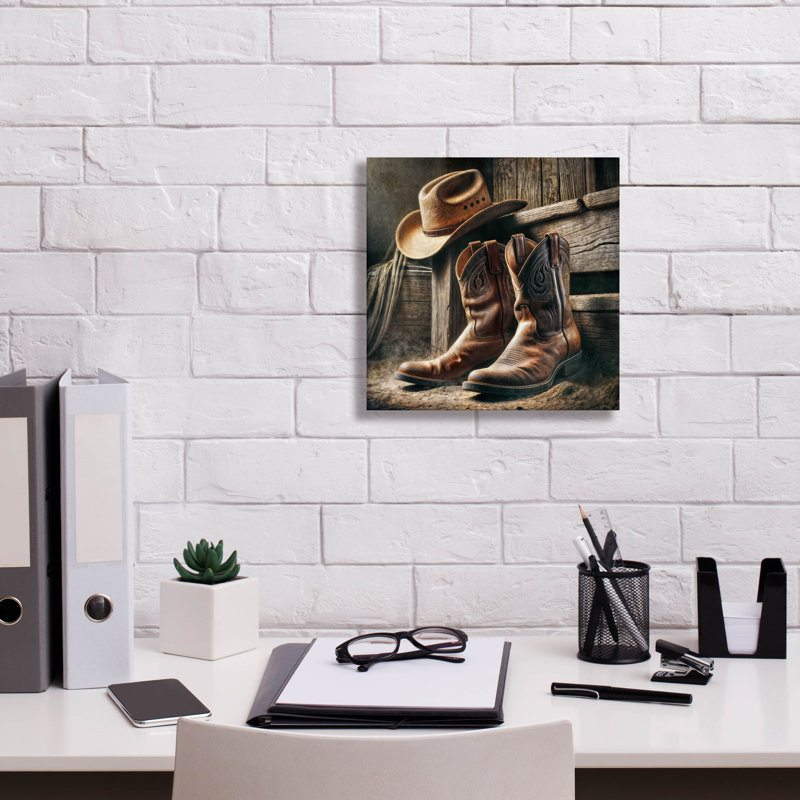 «Wester Style Decor Cowboy bottes and Hat» par Rey Klimt, art mural sur toile, H 12 po x l 12 po