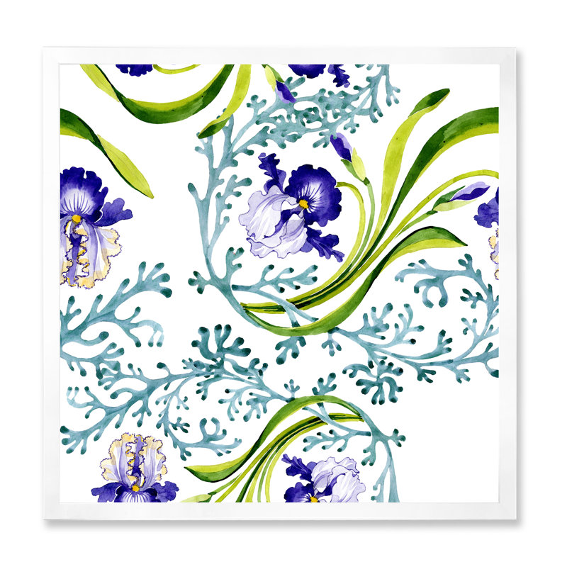 Iris bleu avec feuilles de printemps sauvages - peinture sur toile, H 30 po x l 30 po x P 1 po, Cadre photo blanc