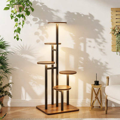 Support à plantes à 5 niveaux pour l'intérieur avec lumière de croissance, étagère d'angle pour plantes multiples, support à fleurs de conception rétro multicouche pour le salon, fabrication en fer robuste et en panneau de fibres à densité moyenne