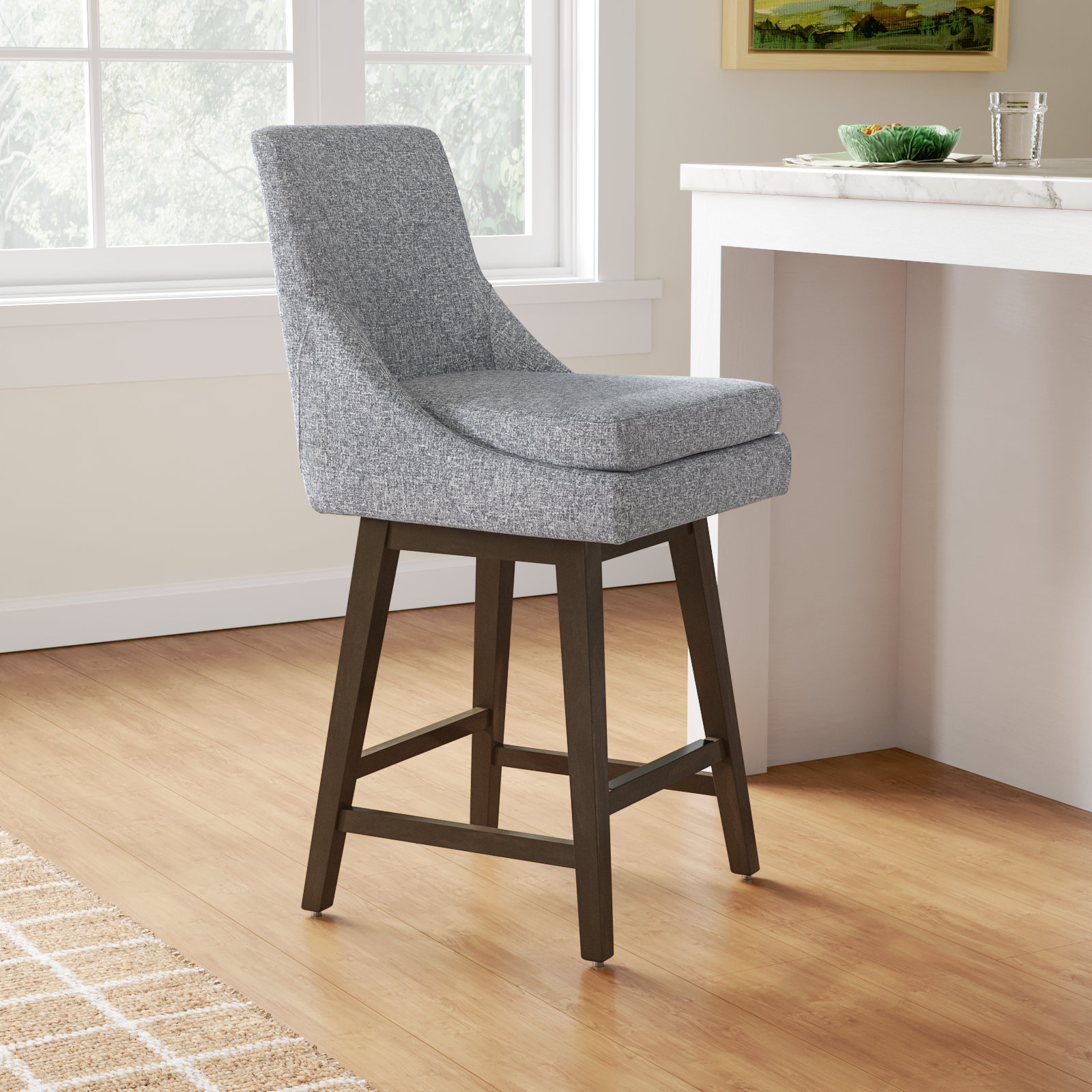 Zahara Swivel Bar Stool, Nathan Gray Tweed/Walnut, Counter Stool (26” Seat Height)