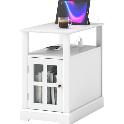 Charging Station Table, White. Narrow End Table With & Outlets. Hidden Storage Open Shelf For Study. . 23.6" H X 14" W D. Productive Environment Living Room . White Side Ports Design. Made Of 23.6"H