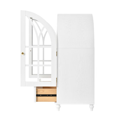 Vitrine arquée avec portes en verre trempé, armoire de rangement en bois avec finition grain de bois naturel, pieds d'appoint en bois massif avec tiroirs pour le salon, la salle à manger, le bureau