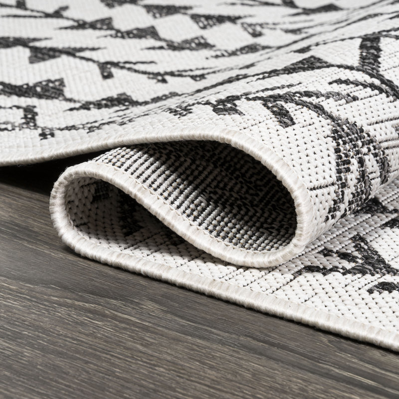 Whipe Bohemian Geometric Ivory/Black Indoor/Outdoor Rug, Runner 2'2" x 8'