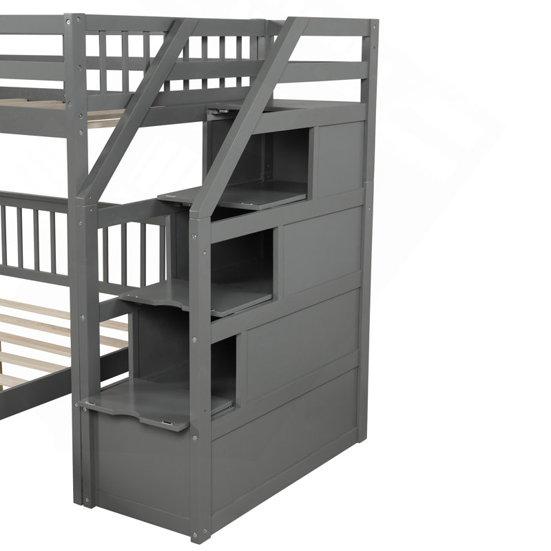 Lit mezzanine simple au-dessus d'un lit double avec escalier, gris