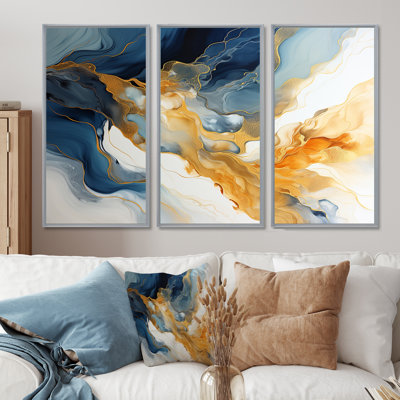 Ensemble de décorations murales Sun Rays Ocean Blue White Gold IV - Marble
