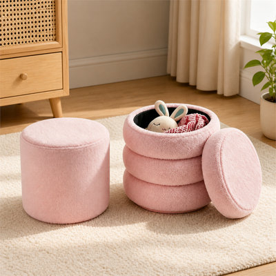 Ensemble de deux poufs de rangement ronds en velours rose avec housse de rangement amovible ; peut être placé dans les salons, les chambres et les espaces coiffeuse.