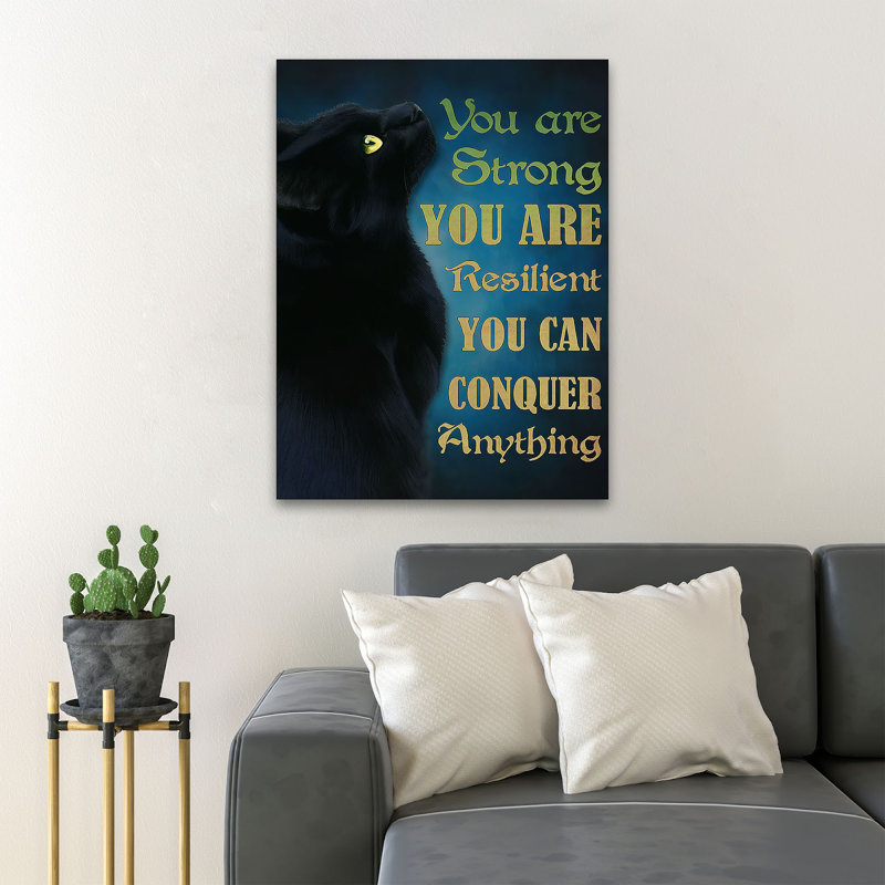 Chat noir sur fond bleu - «You are solid», reproduction d'art graphique sur toile tendue, H 14 po x l 11 po x P 2 po
