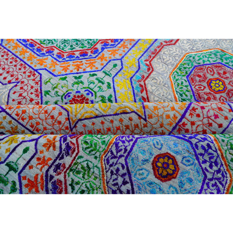 Hand Knotted Area Rug in Blue/Green/Red/Gray, Rectangle 9' x 12'