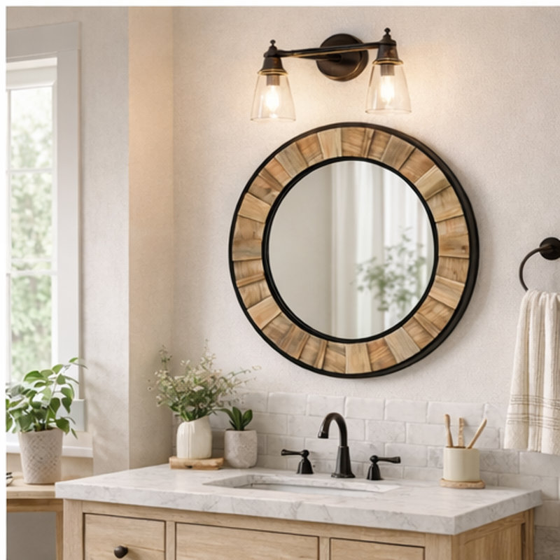 Wood & Metal Framed Round Wall Mirror, Decorative Mirror For Entryway, Bathroom, Hallway Or Living Room