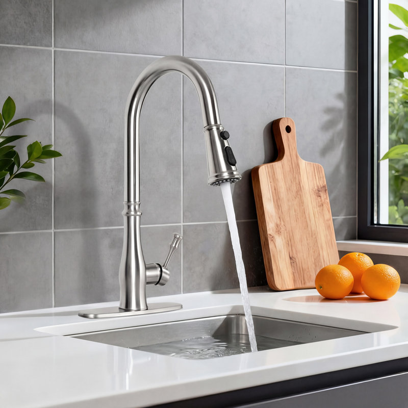 Robinet de cuisine avec douchette rétractable, robinets d'évier de cuisine à 3 fonctions avec plaque de pont, convient aux éviers à 1 et 3 trous, acier inoxydable 304 à poignée simple, nickel brossé