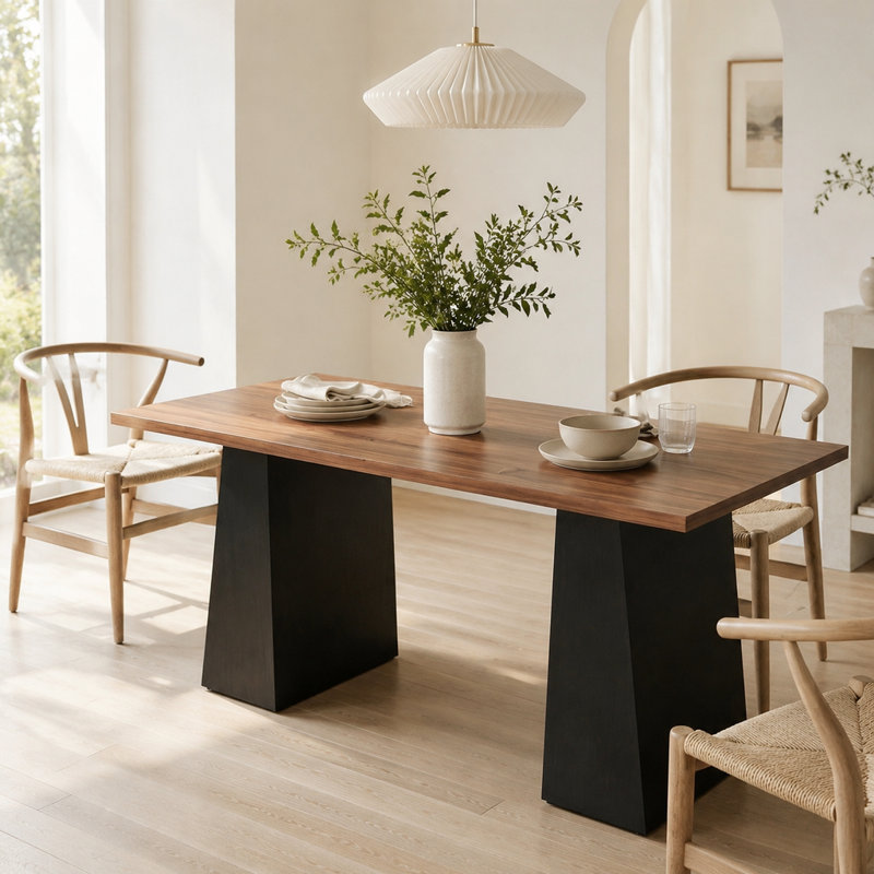 Bureau d'ordinateur moderne avec grande surface, structure en bois noir veiné, plateau en noyer clair