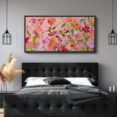 Pink Hummingbird Floral Artwork - Large Framed Canvas Master Bedroom Wall Art Print