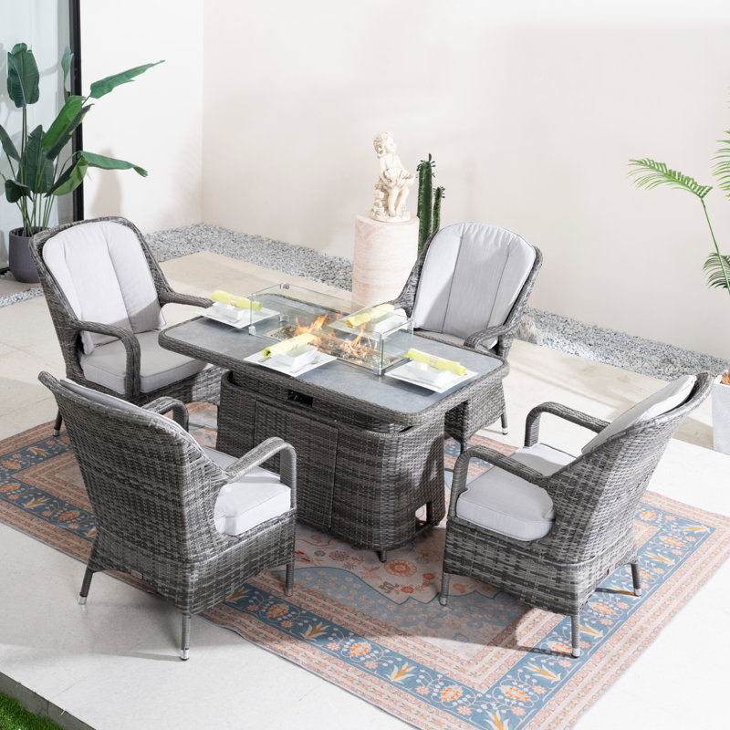 4-Person Wicker Patio Dining Set With Cushions And Adjustable Fire Pit Table, Gray Cushion/Gray Frame