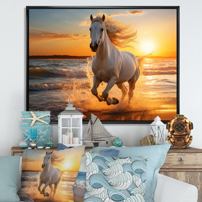 Wild horse running on beach 1 - Coastal Beach Framed Prints