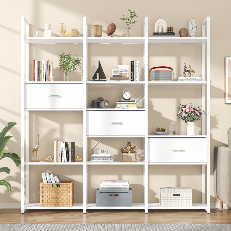 Triple Wide 6 Tiers Industrial Book Shelf With 3 Drawers And Storage Shelves, 73.6" Tall Bookcase With 16 Open Display Shelves, Large Etagere Bookshelf With Metal Frame For Home & Office