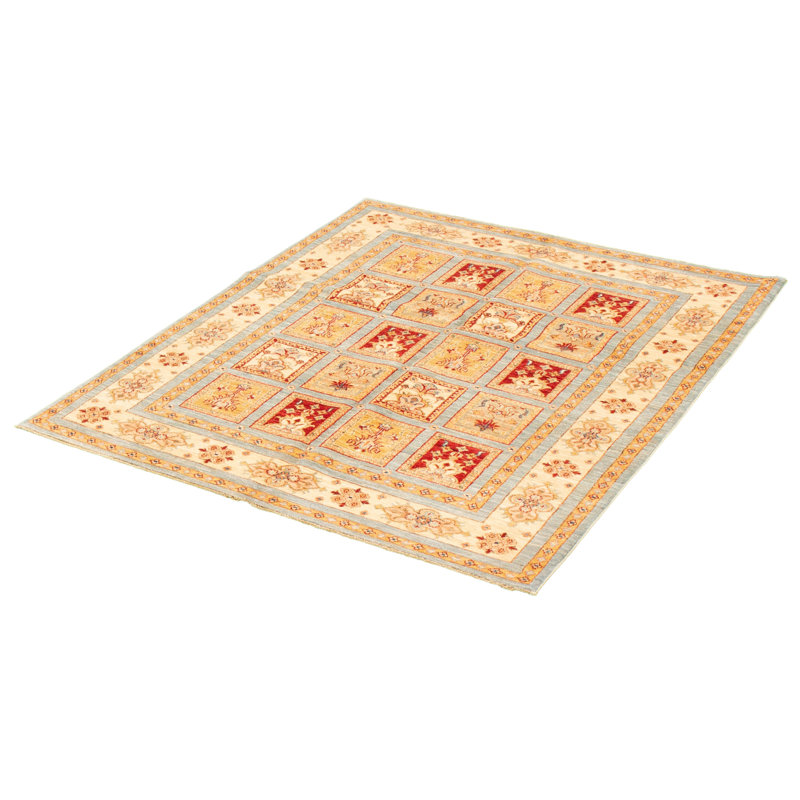 Tapis décoratif bleu/crème/brun en laine de conception unique 5 pi 2 po x 6 pi 5 po noué à la main New Age