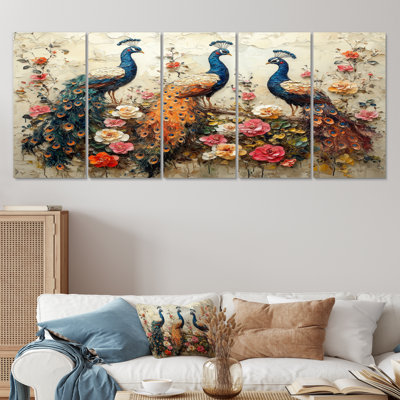 «Blue Peacocks In A Flower Meadow III», ensemble d'art sur toile paon