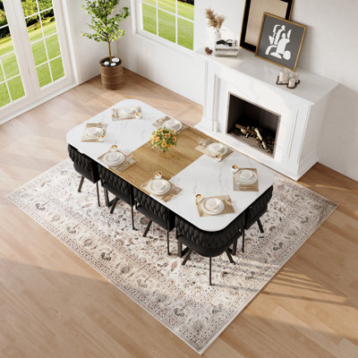 Ensemble de table de salle à manger 9 pièces carrée, plateau de table fixe en faux marbre blanc et grain de bois avec 8 chaises en velours noir, ensemble de table de cuisine moderne pour 8 personnes, idéal pour les réunions de famille, la salle à manger