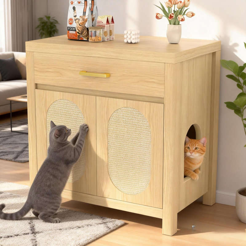 Enceinte de litière pour chat avec portes à griffer, Naturel
