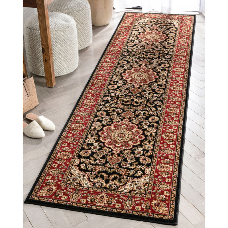 Tapis traditionnel noir Belliere Medallion Kashan, Tapis de couloir 2 pi 7 po x 9 pi 6 po