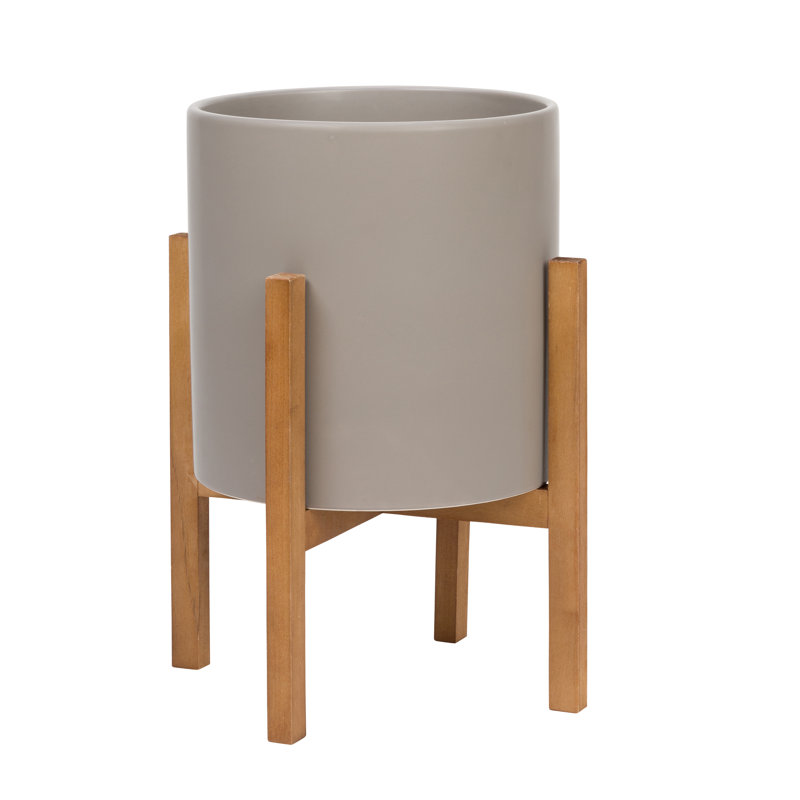 Surles Round Modern Ceramic Indoor Pot Planter with Wood Legs, Grey, 19" H x 13.5" W x 13.5" D
