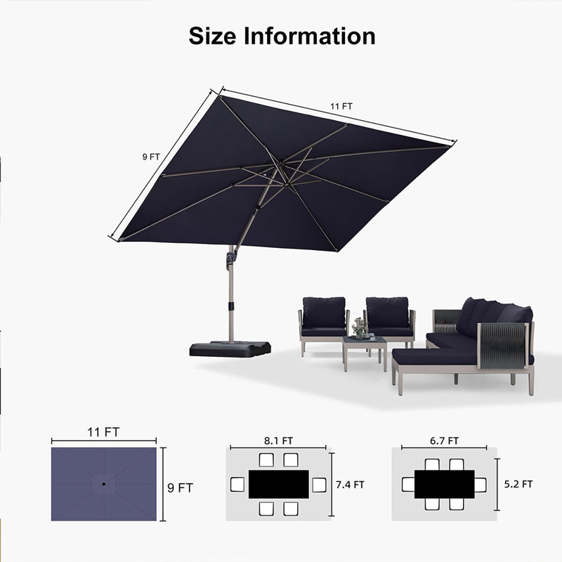 Parasol en porte-à-faux décalé rectangulaire en aluminium avec rotation à 360 ° Hailar 9 pi x 11 pi Ronae, Bleu marine