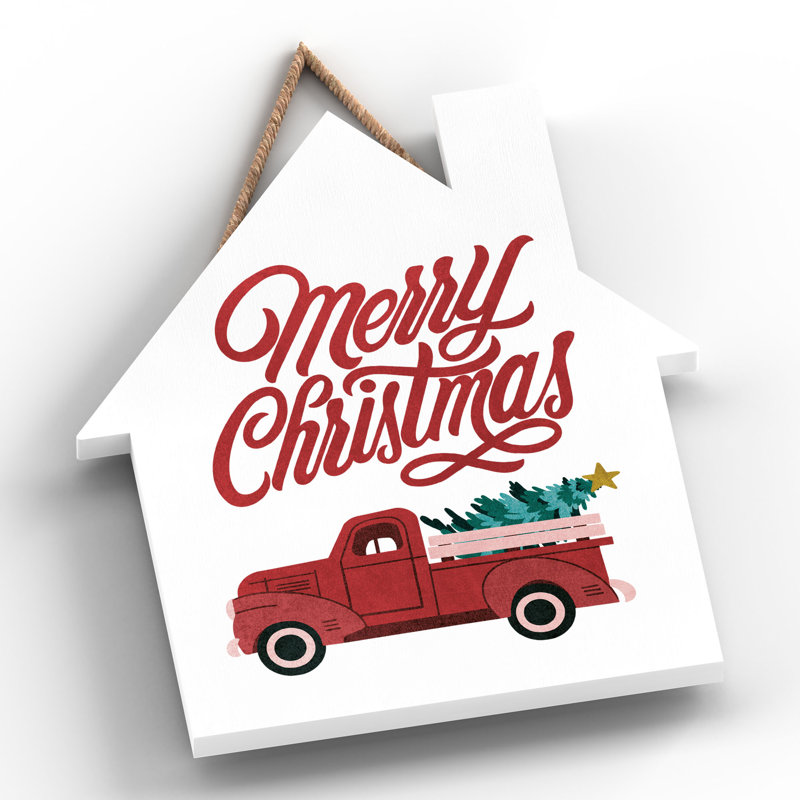 Xmas Merry Christmas Truck Wooden House Plaque, 18.5cm H x 16cm W x 0.9cm D