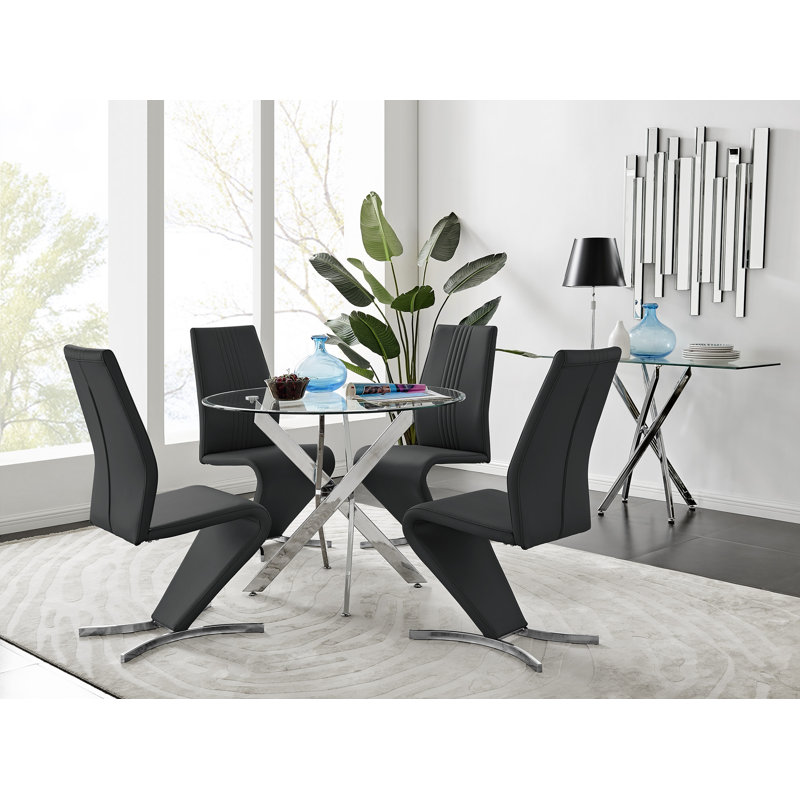 Tierra Modern Chrome Metal & Glass Round Dining Table Set with 4 Modern Design Faux Leather Chairs, Black