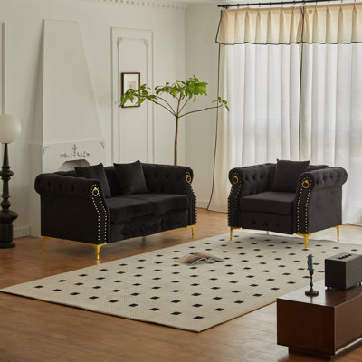 Velvet 2-Piece Chesterfield Living Room Set with Pillows, Roll Arms, and Gold Legs; Includes Loveseat and Armchair