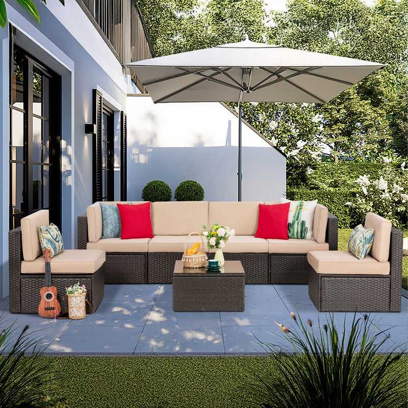 Ensemble de conversation modulaire en osier / rotin 7 pièces avec coussins Arleht, Beige