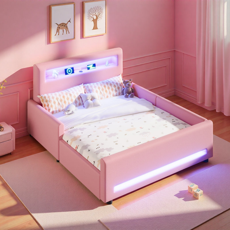 Lit plateforme tapissier avec tiroir, bande lumineuse à DEL et port USB, Lit double, Rose