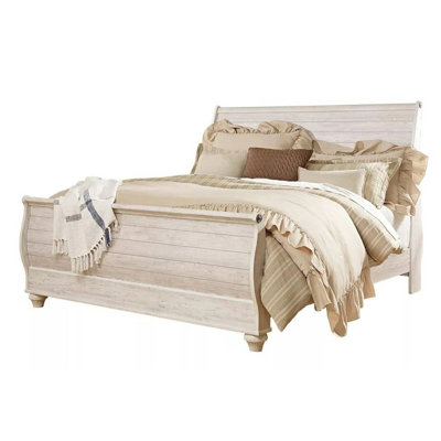 Grand lit-bateau Isla, fausses planches, décor en métal sculpté, bois blanchi
