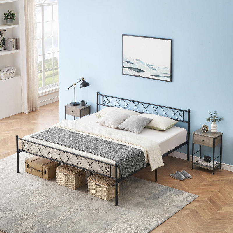 Base de lit plateforme avec tête de lit, sommier robuste avec support à lattes en métal, aucun sommier requis, rangement sous le lit