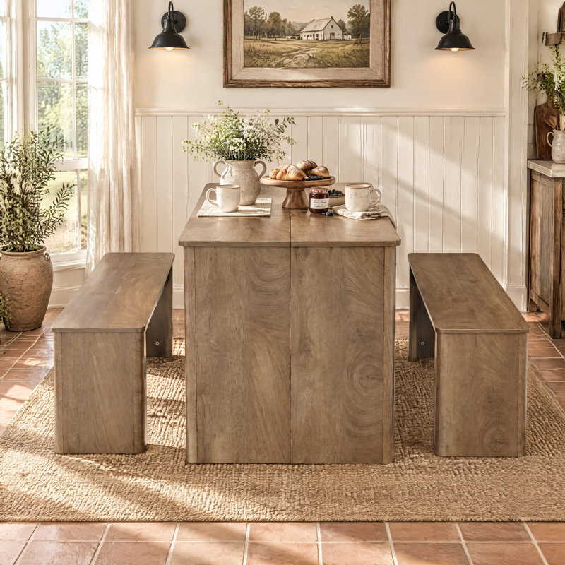 55.1" Dining Table Set with 2 Benches, Engineered Wood Dining Set with Space Saving Nesting Benches