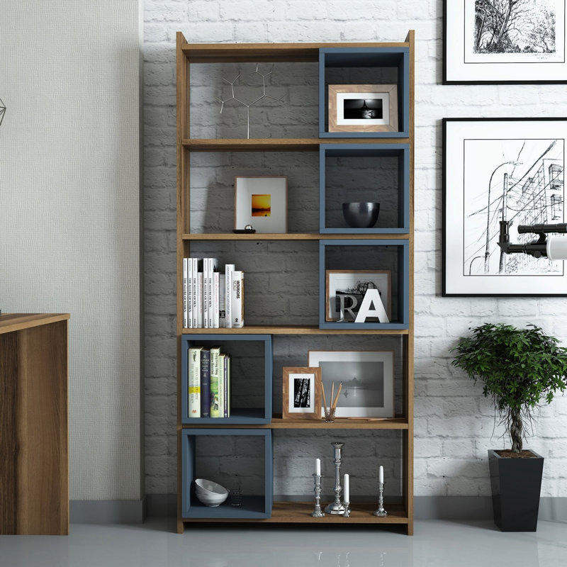 Modern Bookshelf with Numerous Shelves, Walnut & Chalcedony Color, 31.5 x 66.9 x 8.7 inches | 100% Melamine Coated Particle Board, Thickness: 0.7 inches | Wall-Mountable Design for Stylish Home Decor & Organization