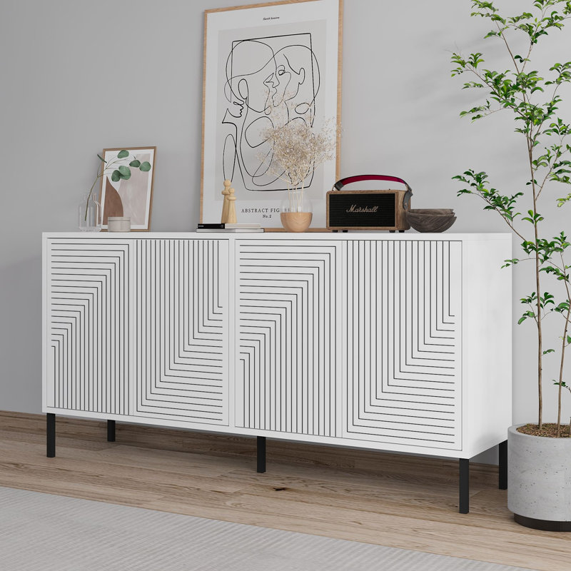 Console moderne blanche avec portes à pousser, 59,1 po x 29,5 po x 14,2 po | 100% panneau de particules enduit de mélamine, pieds en métal, fixation murale, tablettes multiples | Conception géométrique élégante pour la maison et le bureau