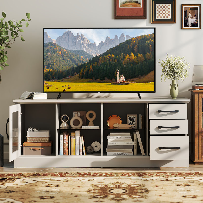 63'' Media Console Table w/ 3 Drawers 2 Glass Shelves Cable Holes for Living Room, Gray