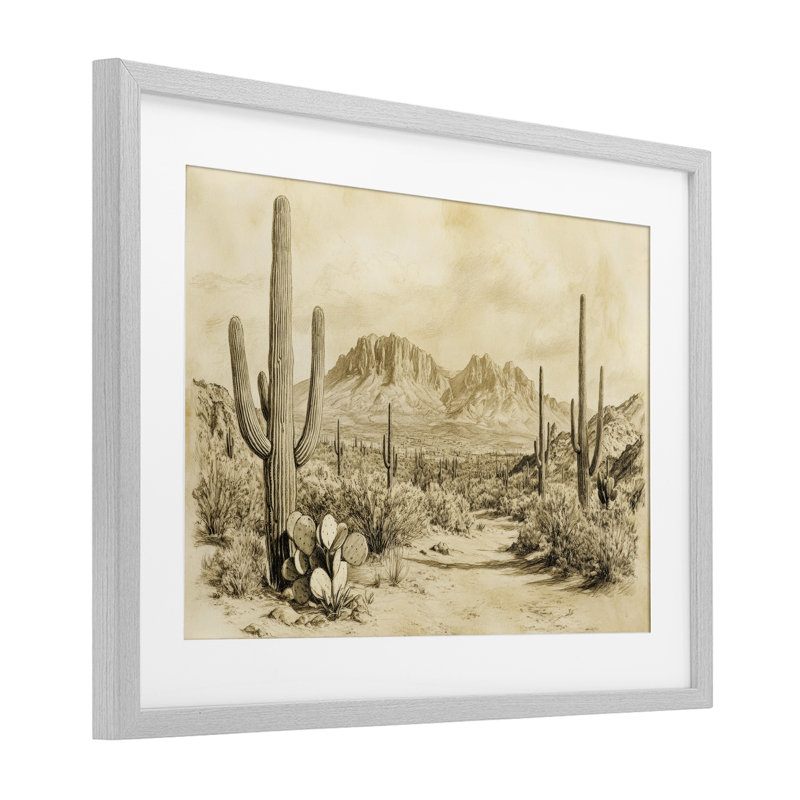 Cactus Road, désert rétro, reproduction encadrée sous verre, design par Petal Prints Design, H 14 po x l 20 po