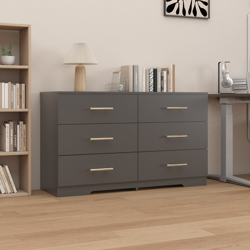 Grande commode à 6 tiroirs avec poignées dorées - solution de rangement élégante, Noir
