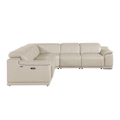 Beige Italian Leather Power Reclining U Shaped Five Piece Corner Sectional With Console by HomeRoots