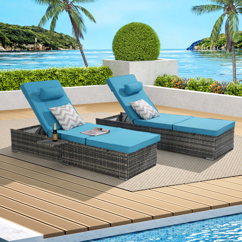 Outdoor Chaise Lounge Chair Set of 2 with Patio Pool Chairs Tanning Lounges for Outside,Beach Rattan Recliners with Adjustable Backrest,Cushion for Poolside Backyard Garden