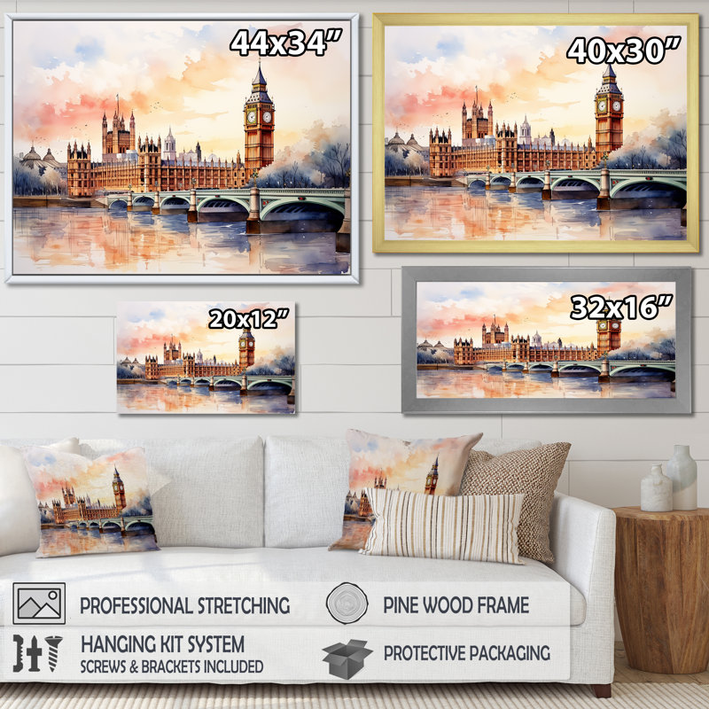 Big Ben London Skylines au coucher du soleil I - City London Wall Ar, Cadre doré à coins fermés, H 24 po x l 32 po x P 1 po