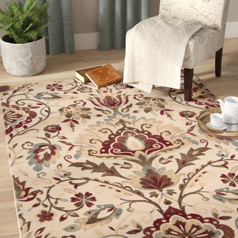 Tapis rouge, bleu et brun tissé à la machine Thangool, Rectangle 4 pi x 5 pi 5 po