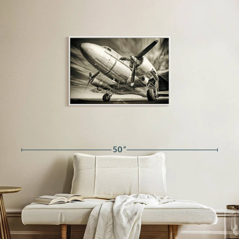 Avion rétro monochrome, Cadre flottant blanc, 31 po x 21 po