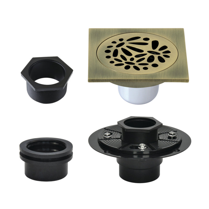 Kingston Brass BSFK6360 Watercourse 4" Square Brass Shower Drain, Laiton antique