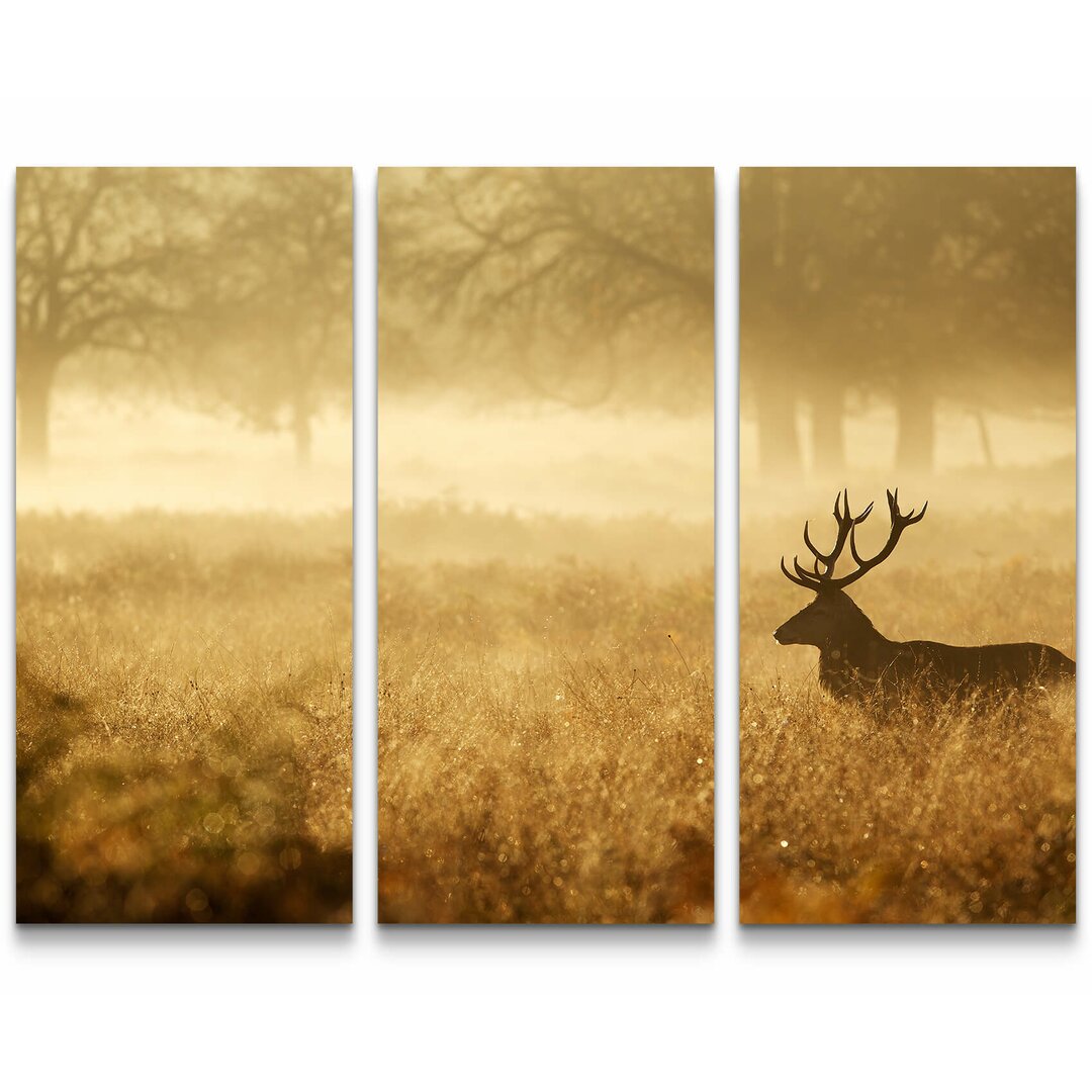 3-tlg. Leinwandbilder-Set Silhouette eines Hirsch im Wald