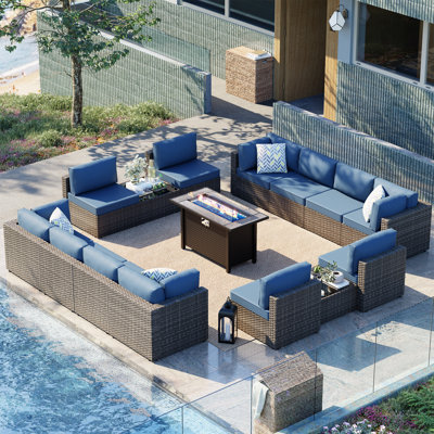 12-Person Outdoor Wicker Patio Set with Cushions and Fire Pit
