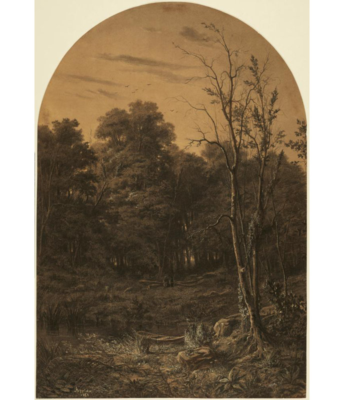 « Paysage forestier près d'un étang » d'Adolphe Appian - Toile tendue sur châssis, H 24 po x l 17 po